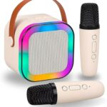 Karaoke Infantil Portátil com 2 Microfones Recarregável e Modos de Voz Divertidos - Diversão Musical para Crianças! (Bege)