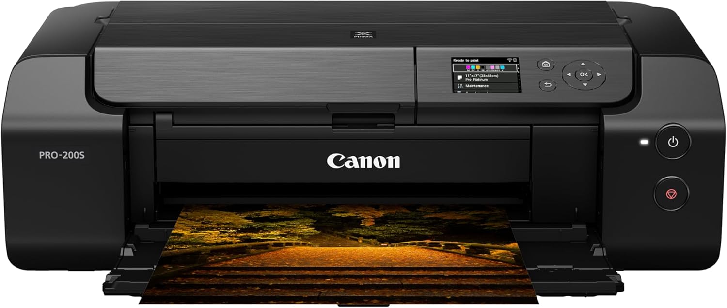 71qcL7OyyjL._AC_SL1500_.jpg Canon PIXMA PRO-200S Impressora fotográfica profissional de jato de tinta sem fio de 33 cm com monitor LCD colorido de 7,6 cm, tinta à base de tinta de 8 cores, preta - Imagem 1