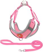 Coleira Peitoral para Cachorros e Gatos com Colete Reflexivo Regulável e Guia de Passeio Material Respirável, Brilha no Escuro, Ajuste Seguro com Fivela e Mosquetão (ROSA, L)