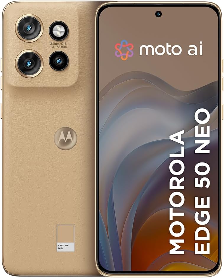 61odlNHW5AL._AC_SL1200_.jpg Smartphone Motorola Edge 50 Neo 5G - 256GB 16GB (8GB RAM+8GB Ram Boost) 50MP Sony Camera Moto AI Ultrarresistencia militar - Latte Vegan Leather - Imagem 1