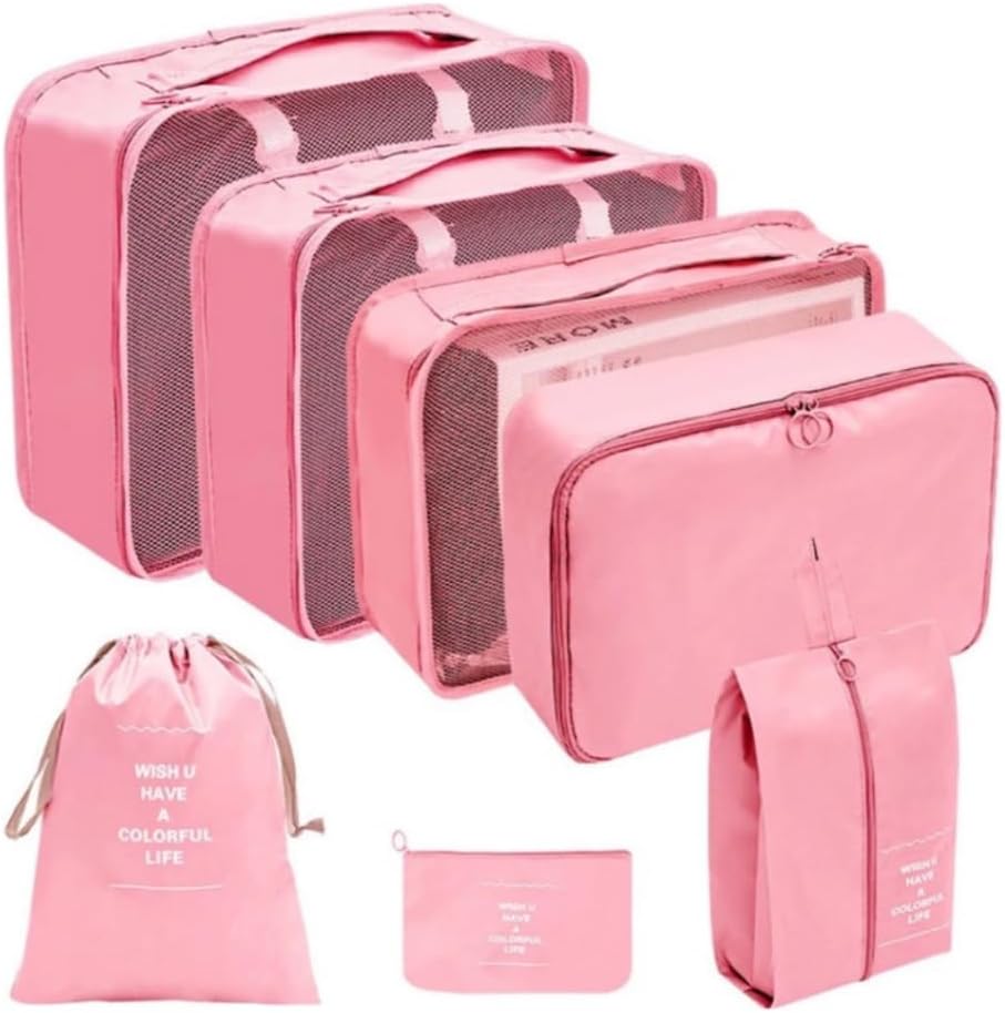 61yNUHX936L._AC_SL1000_.jpg Kit Organizador de Malas para Viagem 7 Peças Bolsas Necessaire Sapatos Maquiagem Roupas Bagagem Organizada Conjunto Organizador Completo Premium (Rosa) - Imagem 1