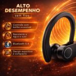 Fone de Ouvido Bluetooth Resistente Água, Bateria com mais de 10h de autonomia, Microfone Embutido. Design Ergonômico Ideal Para Esportes Corridas Atividades Físicas Videogame I.Phone Android Premium - Imagem 3