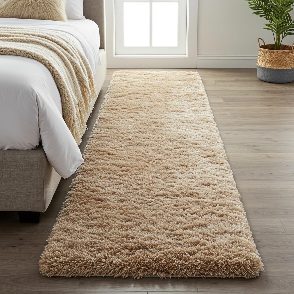 71cbyoO28lL._AC_SL1024_.jpg Tapete Passadeira Peludo 2,00 × 0,60 m – Shaggy Super Peludo Felpudo, Antiderrapante, Antialérgico, 100 % Poliéster, Alta Maciez para Quarto, Sala, Corredor (Bege) - Imagem 1