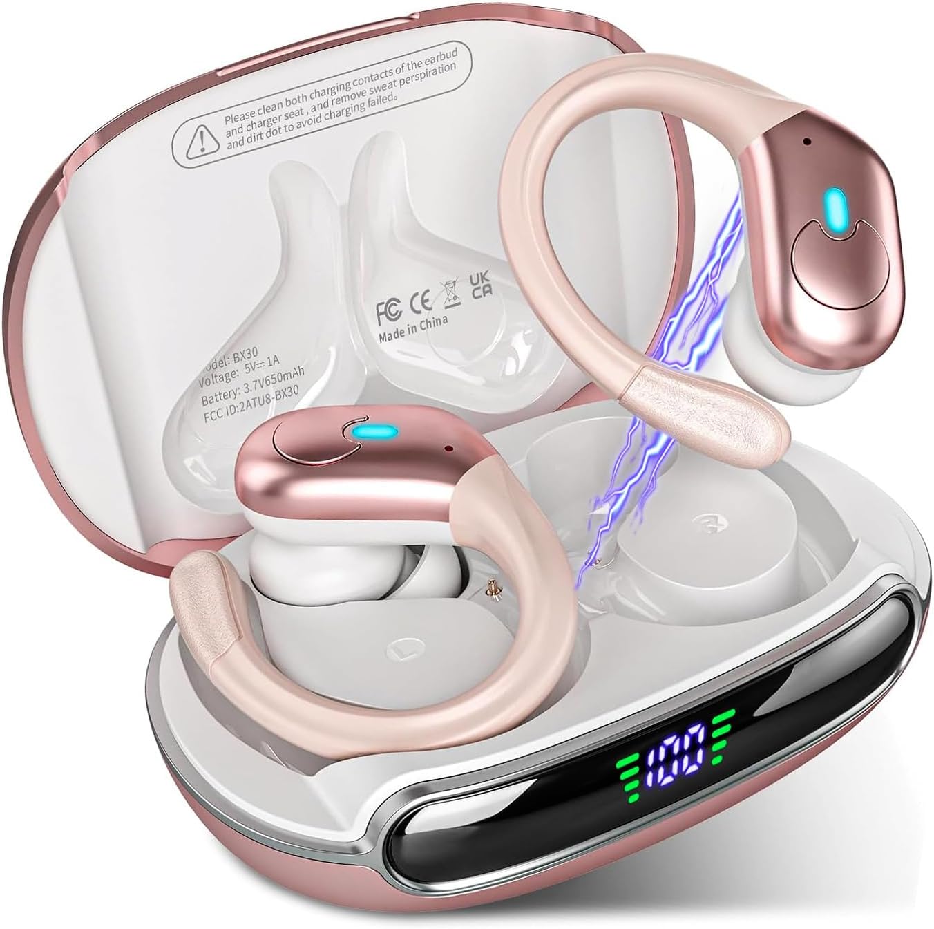 71efoZkCpmL._AC_SL1500_.jpg Fones de ouvido sem fio Bluetooth 5.3, fones de ouvido estéreo com graves e ganchos, reprodução de 80 horas e tela dupla de LED, fones de ouvido à prova d'água IP7 (Rosa) - Imagem 1