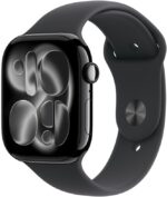 Apple Watch Series 11 GPS, Caixa em alumínio preto brilhante de 46 mm com Bracelete desportiva preta - M/G