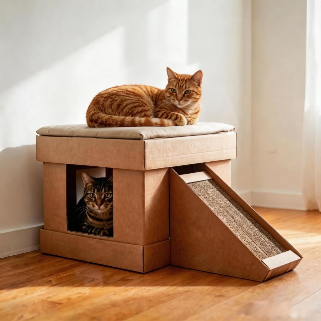 61KDiaoN8dL._AC_SL1100_.jpg Casa para Gato com 2 Arranhadores e Rampa – Toca 2 em 1 Modelo Kubo com Almofada - Imagem 1