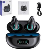 Fone de Ouvido Condução Ossea Bluetooth 5.3, Estéreo Hi-Fi, Longa Autonomia, Estojo com Display LED, Controle por Toque, Fone Esportivo Abertos com Clip para Corrida, Atividades ao ar livre