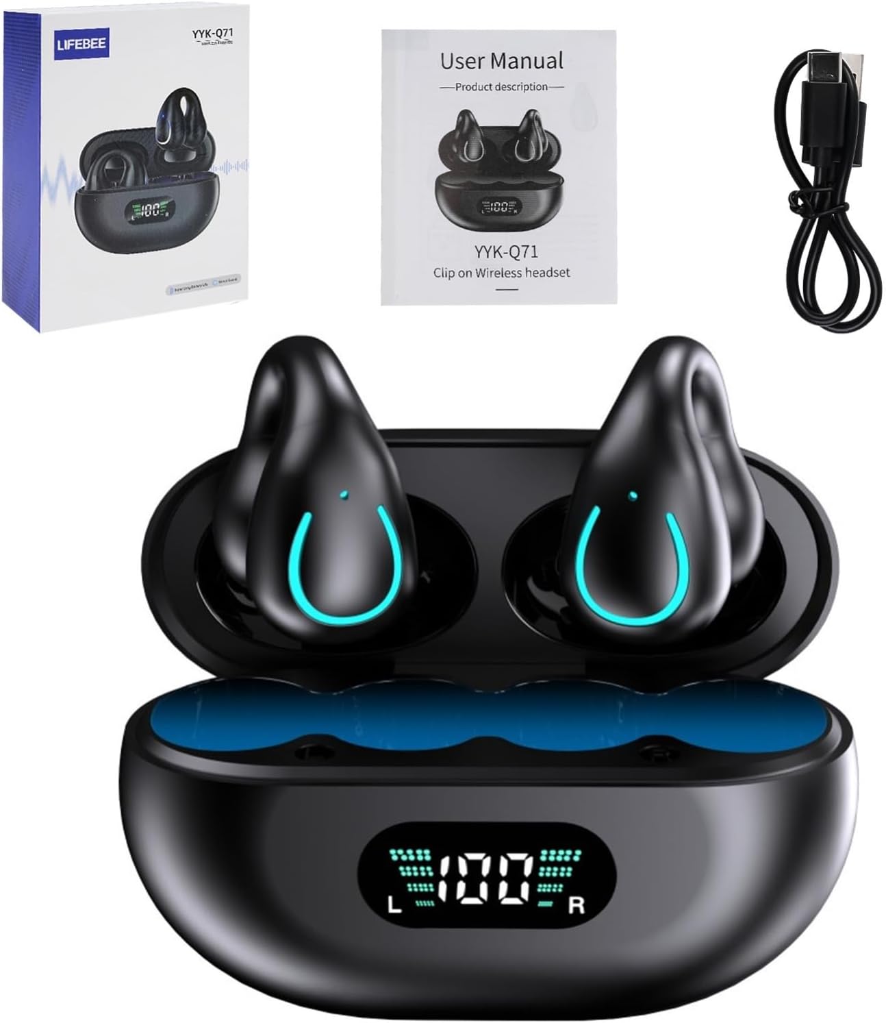 61XmXYvhCPL._AC_SL1500_.jpg Fone de Ouvido Condução Ossea Bluetooth 5.3, Estéreo Hi-Fi, Longa Autonomia, Estojo com Display LED, Controle por Toque, Fone Esportivo Abertos com Clip para Corrida, Atividades ao ar livre - Imagem 1