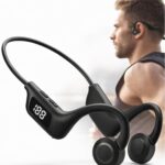 Fone de Ouvido Condução Óssea, Fone Bluetooth Por Vibração, Modelo Esportivo Com Display Digital, Entrada Cartão SD, Resistente a Água, Para Corrida, Academia, Bike, Treino, Compatível Android iOS