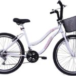 Bicicleta Feminina 26 Beach Branca de 18 Velocidades com Aros duplos, Pneus Slik e Cesta - Dalannio Bike