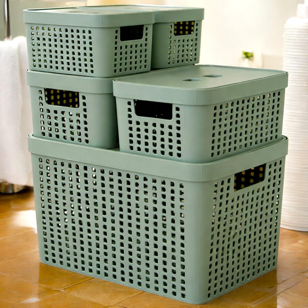 61wFYNDQHzL._AC_SL1024_.jpg Kit 5 Caixas Organizadoras com Tampa Plástico Resistente Multiuso Armário Cozinha Lavanderia (VERDE) - Imagem 1