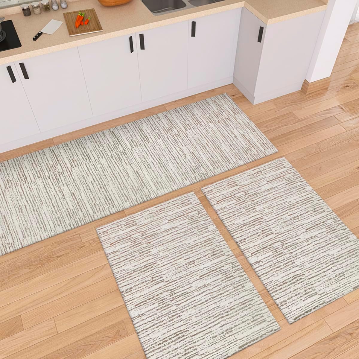 71pl5iSdNVL._AC_SL1200_.jpg Tapete Kit de Cozinha Antiderrapante 3 Peças Mesclado Geométrico Conjunto Passadeira 1,30m x 45cm Capacho 65cm x 45cm Jogo Artesanal Cru Caramelo Preto (Riscato Caramelo) - Imagem 1